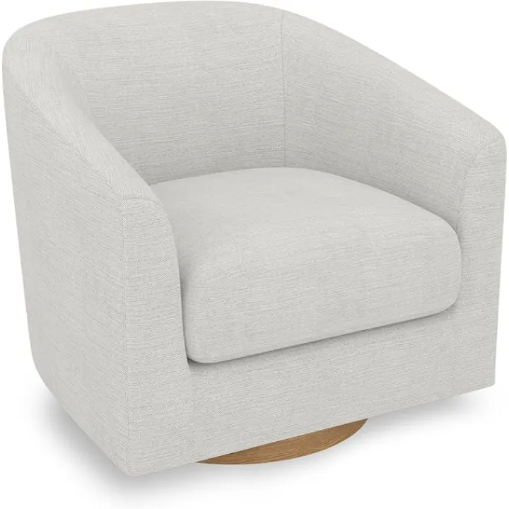 Swivel Accent, Upholstered Modern Barrel-Curved Arm, Linen Fabric Comfty Sofa Solid Wood Base Reading Bedroom, Club Living Room Chair, Ivory