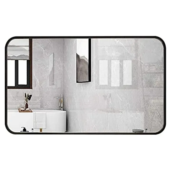 Wall-Mounted Mirror 60/70CM Rectangle Shatterproof HD Mirror Black Decorative Metal Frame Stick On Mirror in Living Room Bedroom Hallway Bathroom Vanity Shaving Bathroom Wall Mirror