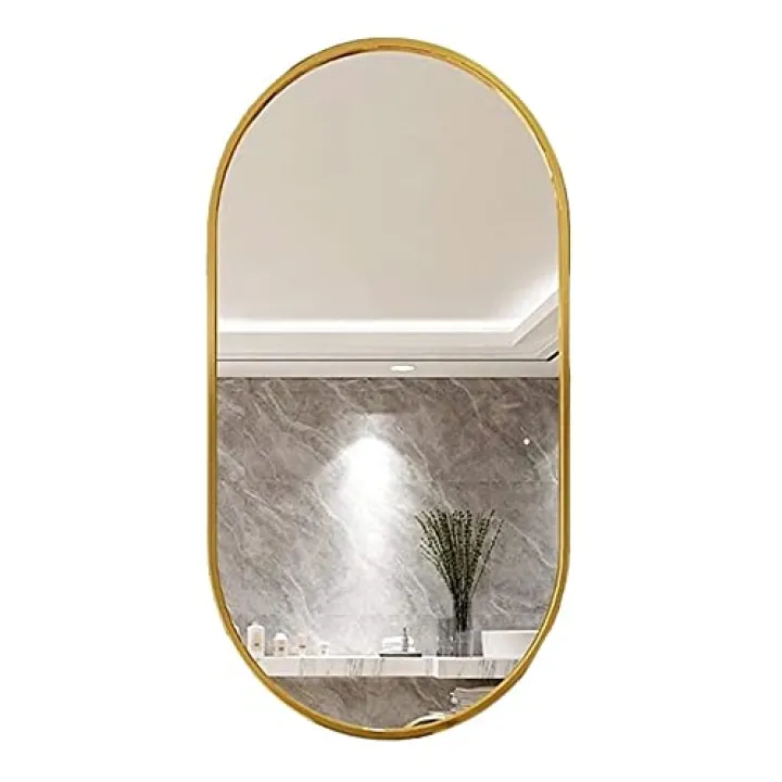 Makeup Mirror Bathroom Wall Mirror Circle Mirror for Wall Mounted Modern Brushed Metal Golden Frame Oval Mirror for Wall Decor Vanity Living Room Bedroom Bathroom Mirror (Size : 50×70CM)