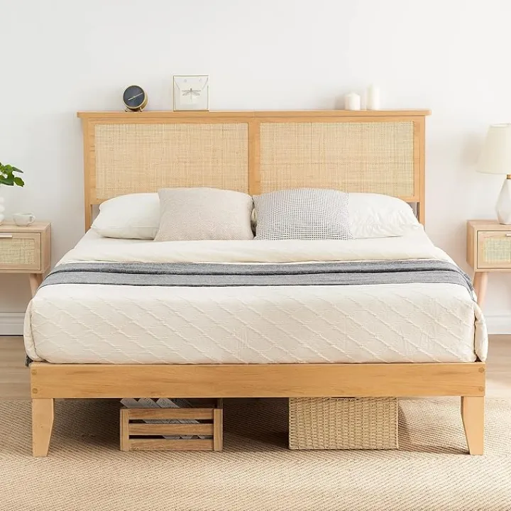 Rattan Bed Frame Full with Natural Rattan Headboard,Bohemian Rattan Bed Frame with LED Lights,Solid Wood Foundation with Silent Slats,No Box Spring Needed (Full)
