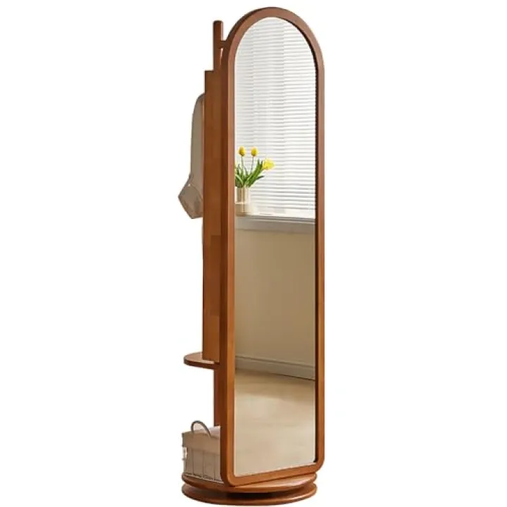 Generic 360° Swivel Cloakroom Mirror, Swivel Full Length Mirror with Jewelry Storage, Vertical Jewelry Organizer with Hanger, Solid Wood Frame, Ideal Gift for Women and Girls (Walnut Cherry)