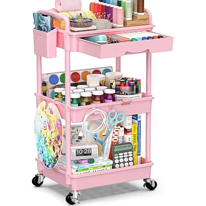 3-Tier Rolling Cart with Drawer & Lockable Wheels, Plastic Shelf Storage Organizer Cart – Easy Assembly, Waterproof Design for Kitchen, Bathroom, Office, Pink