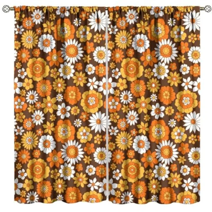 FengMingRui Retro 70s Groovy Curtains 1960s Hippie Floral White Orange Boho Modern Art Window Drapes for Kitchen Bedroom Home Decor Window Drapes 42" W X 45" L