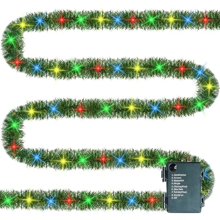 TW SHINE 30 FT Pre-Lit Christmas Garland Decorations, 100 LED Lighted Artificial Pine Garlands with 8 Modes, Green Garland for Indoor Outdoor Door Home Stairs Holiday Decor, Multi-Colored