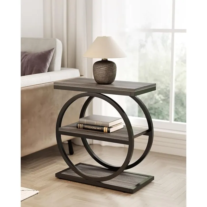 LITTLE TREE End Table, 3-Tier Side Table, Slim Sofa Side Table for Living Room, Tall Bedside Table Nightstand for Bedroom, Grey and Black
