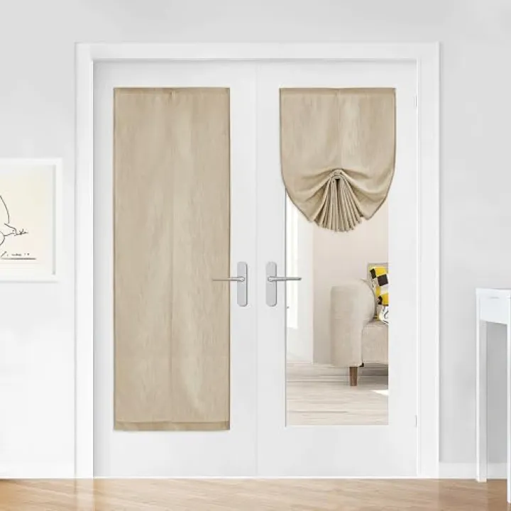 RYB HOME Pull Up Window Shades for Living Room, Flax Linen Sticky Door Curtains for French Door, Adjustable Privacy Added Curtains for Bedroom Dining Room, W26 x L69 inches, Camel, 1 Piece