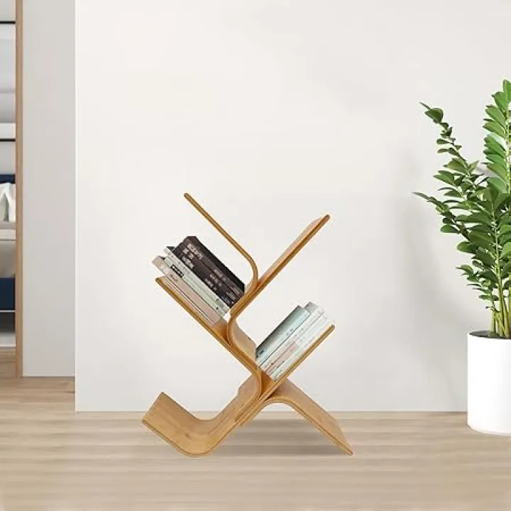 4-Tier Tree Bookshelf, Curved Floor Standing Bamboo Bookcase Rack Book Storage Organizer Shelves, Display Floor Book Shelf Space Saver for Home Office Living Room Bedroom