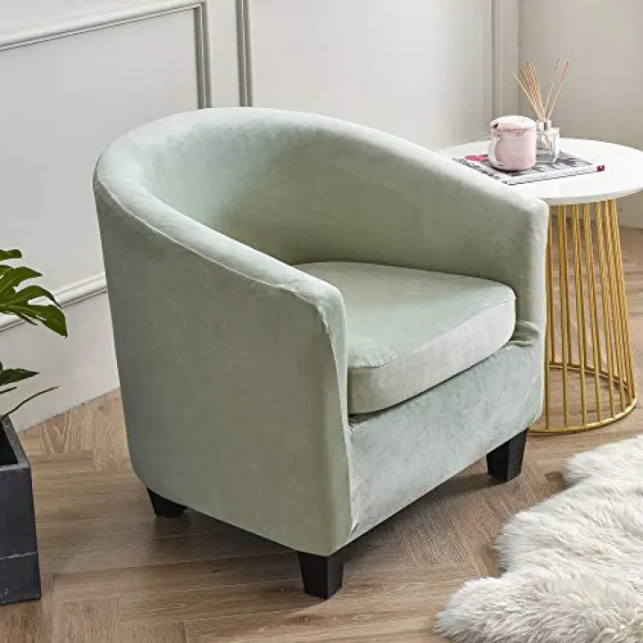 SFUSKD Tub Chair Slipcover,2-Pieces Stretchy Soft Velvet Barrel Club Chair Covers with Cushion Cover,Washable Armchair Sofa Cover Protector for Living Room Bar Counter Single Sofa (Mint Green)