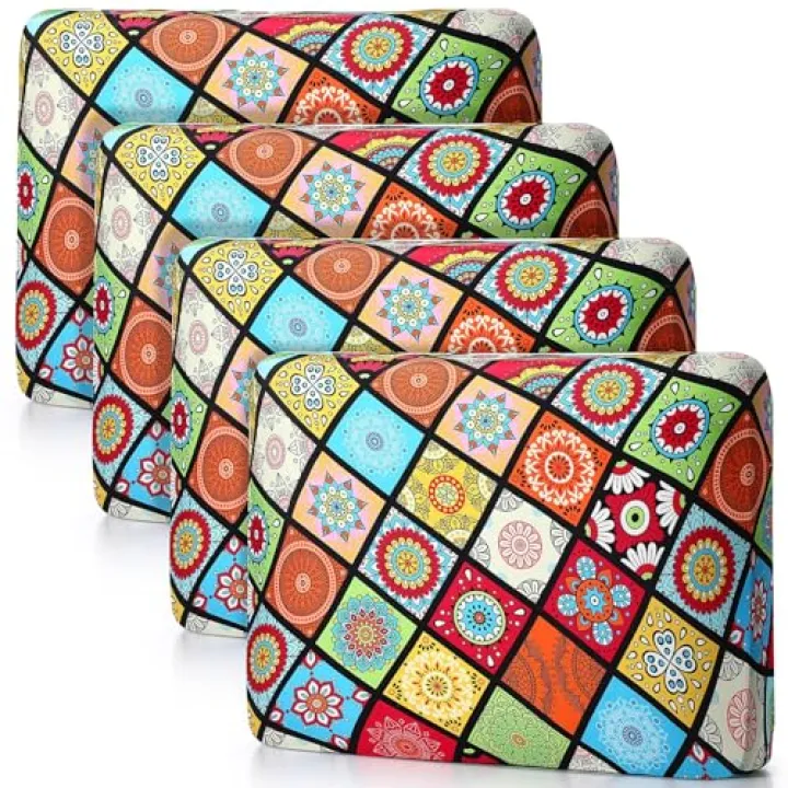 SmoothNovelty 4 Pcs Outdoor Cushion Covers Bohemian Patio 25 Inch Stretchable Furniture Cushion Covers Floral Indoor Sofa Replacement Seat with Elastic Bottom