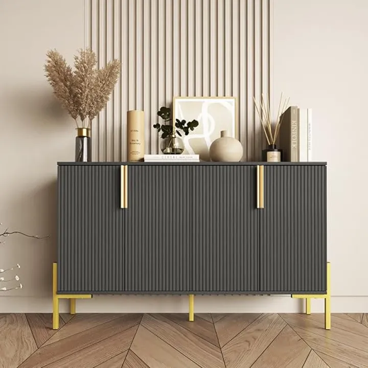 4 Doors Sideboard Buffet Cabinet with Adjustable Shelves,Modern Accent Sideboard with Golden Legs,Wide Storage Cabinet for Kitchen,Living Room,Black