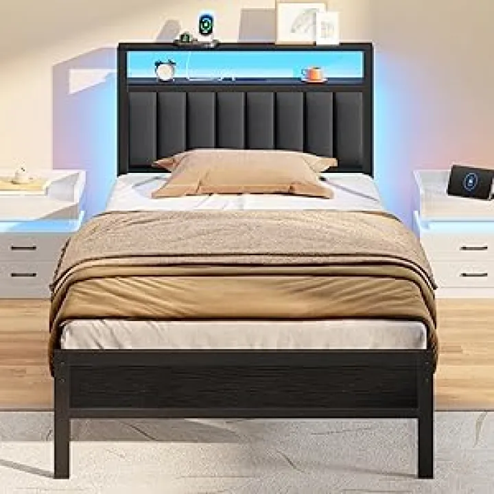 Furnulem Twin Size Bed Frame with Charging Station and LED Lights, Platform Bed with Metal Slats, Grey Upholstered Headboard with 2-Tier Storage Shelves, No Box Spring Needed