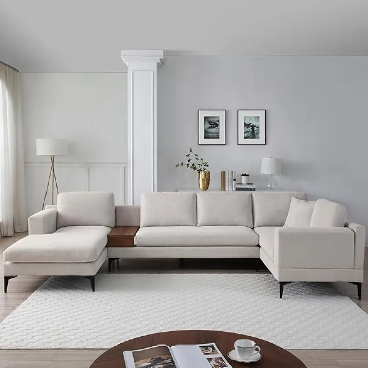 3-Piece U-Shape Upholstered Sectional Couch Sofa Set with 1 Two-seat Sofas 1 Two-seat Armless Sofa 1 Chaise and 1 Small Coffee Table with Drawers, with Reversible Chaise Lounge, Texture Champange