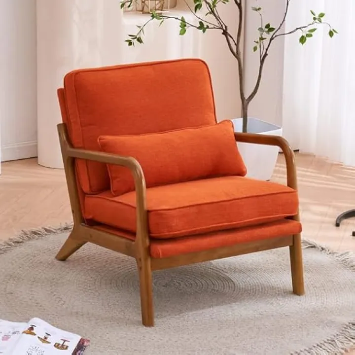 Upholstered Accent Solid Wood Armchair for Living RoomHome Apartment Office, Modern Indoor Single Leisure Lounge Wooden Chair with Oak Armrest & Lumbar Pillow, Reading Chair (Dark Grey), SLY86558751