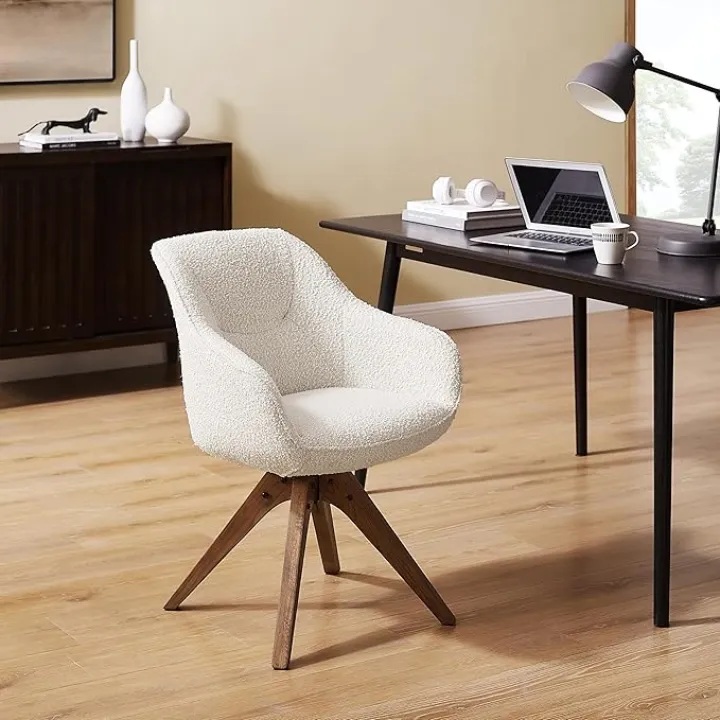 Art Leon Desk Chair No Wheels - Mid Century Modern Office Chair, Swivel Accent Chair with Oak Wood Legs, Fabric Upholstered Arm Chair, Red