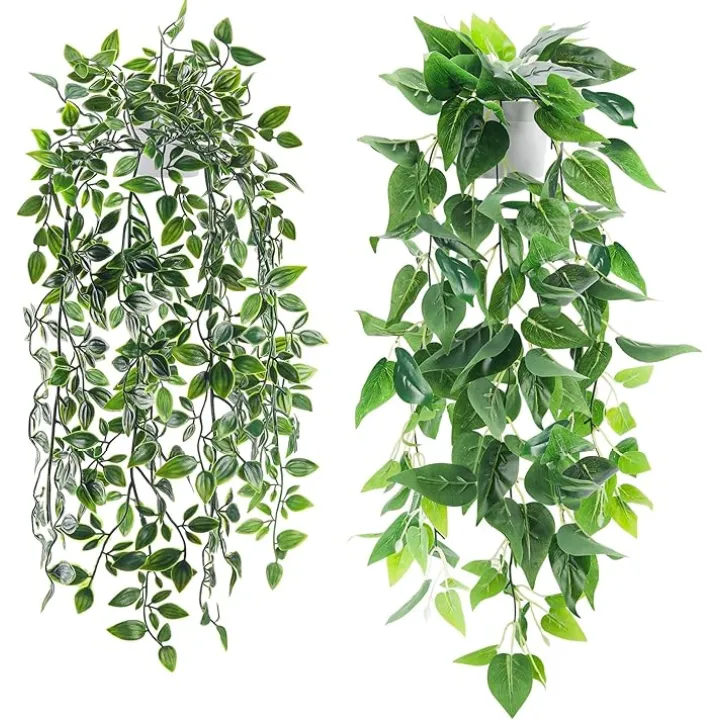 Der Rose 2 Pack Fake Plants Hanging Faux Potted Ivy Vine Artificial Plants Indoor for Room Bathroom Wall Shelf Outdoor Decor