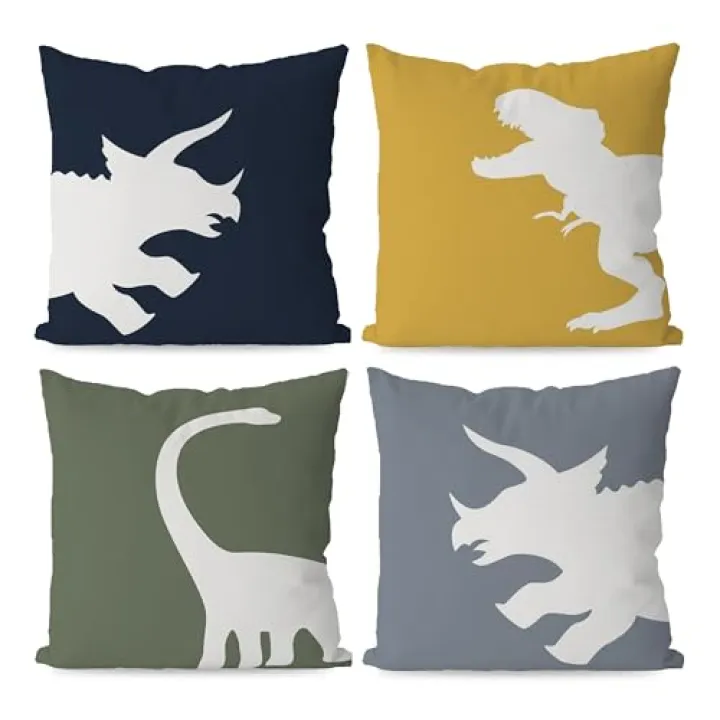 KEUSPI Cartoon Dinosaur Dino T-Rex Throw Pillow Covers,Dinosaur Throw Pillow Covers 18×18 Inch Set of 4,Home Boys Room Kids Room Playroom Nursery Decor,Dinosaur Lover Gifts for Boys Kids