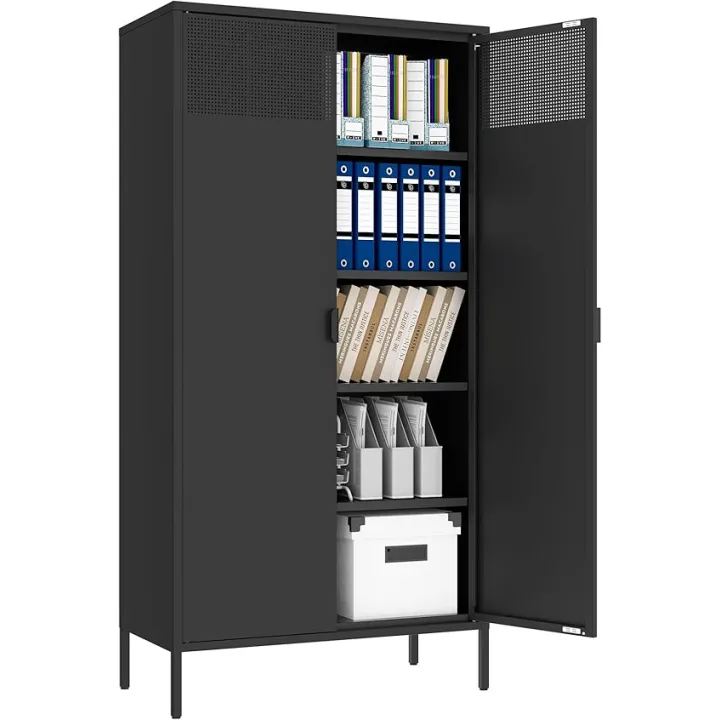 Metal Storage Cabinets with 4 Adjustable Shelves，Black Metal File Cabinet, 71'' Steel Storage for Home & Office, School,Kitchen Pantry,Tool Cabinet，Garage, Black