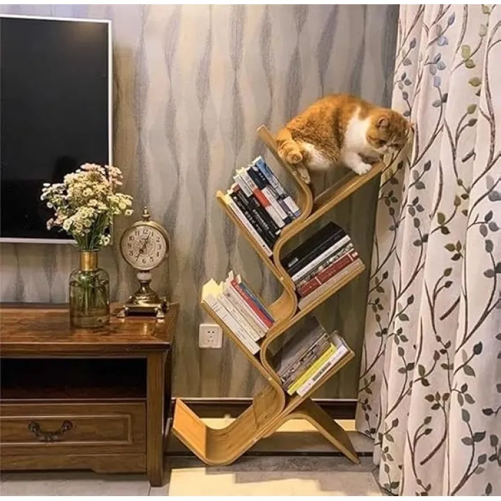 6 Tiers Bamboo Bookshelf, Freestanding Book Display Stand with Large Capacity Tree Book Shelf Modern Bookcase Floor Book Rack Organizer for Bedroom Study Living Room