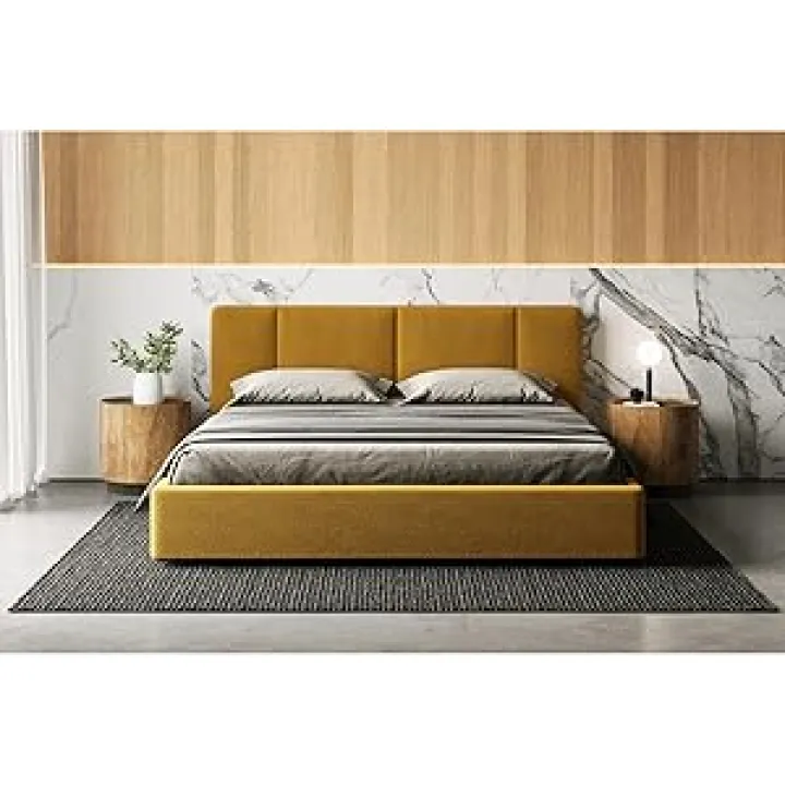Venice Upholstered Platform Bed | Box Spring Not Required | (Mustard Boucle, King Bed Frame)