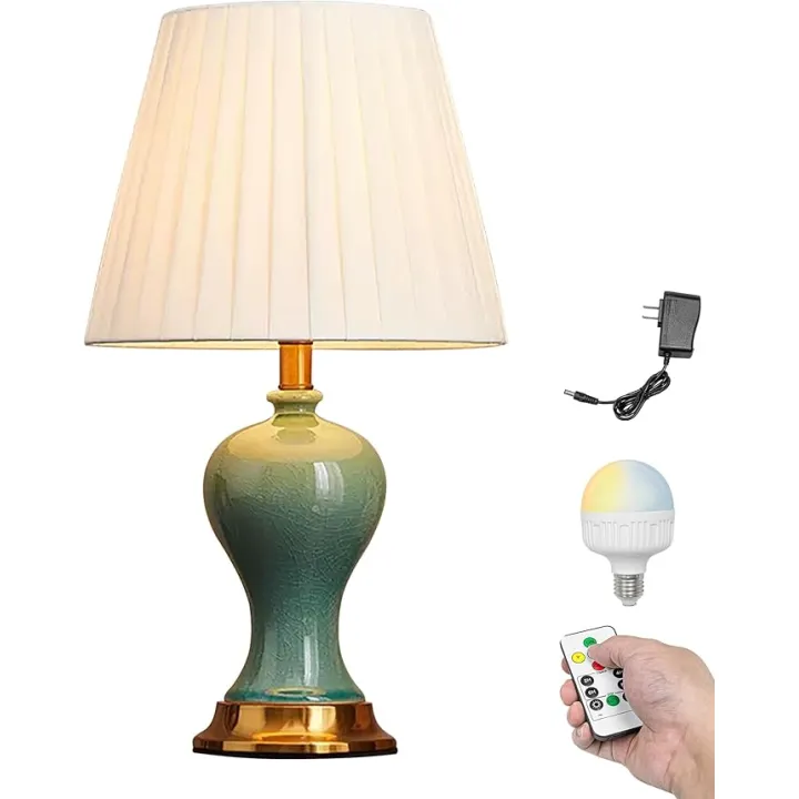 Kiven Cordless Table Lamp, Dimmable Ceramic Bedside Lamps for Nightstand with Fabric Lampshade, Modern Rechargeable Desk Lamp for Reading Home Decor Bedside,1-Light(TC158)