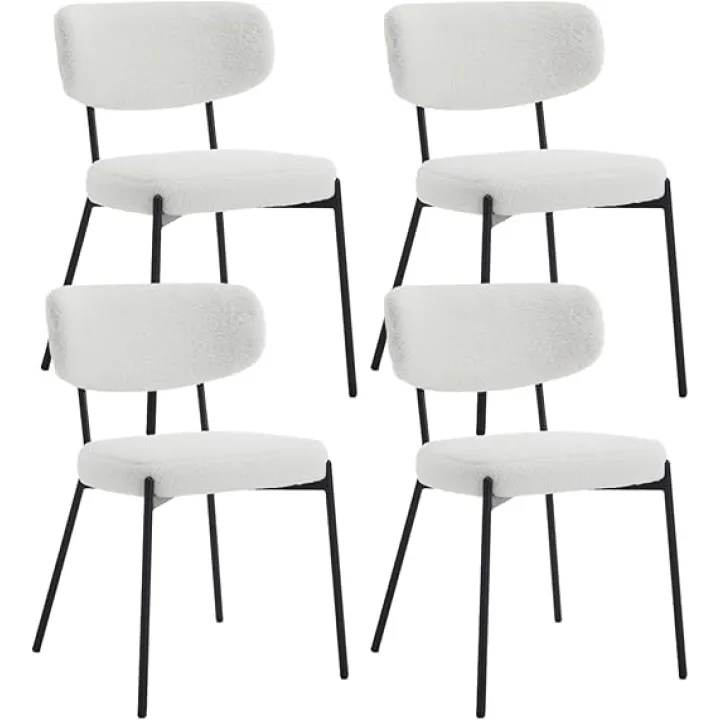 KCC Boucle Dining Chairs Set of 4, Modern Mid-Century Upholstered Stylish Kitchen Chairs Sherpa Accent Diner Chairs with Metal Legs and Curved Back for Kitchen, Dining Room(White)
