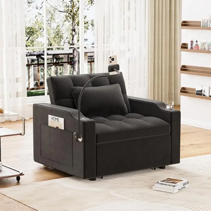 Convertible Sleeper Sofa Chair Bed with USB Port, 3-in-1 Convertible Velvet Single Pull Out Couch Bed,Velvet Chaise Lounge with Adjustable Backrest/Phone Stand for Living Room,Black