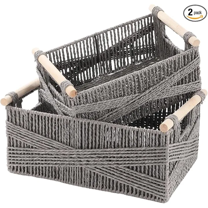 Storage Basket with Handle, Large Rectangular Wicker Basket for Organizing, Decorative Wicker Storage Basket Woven Basket Organizers for Living Room, Grey, Set of 2