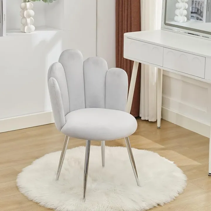 Vanity Chair for Makeup Room - Midcentury Modern Accent Chair for Living Room Bedroom, Makeup Chair with Back Support Velvet Chair with Metal Legs (Light Grey)