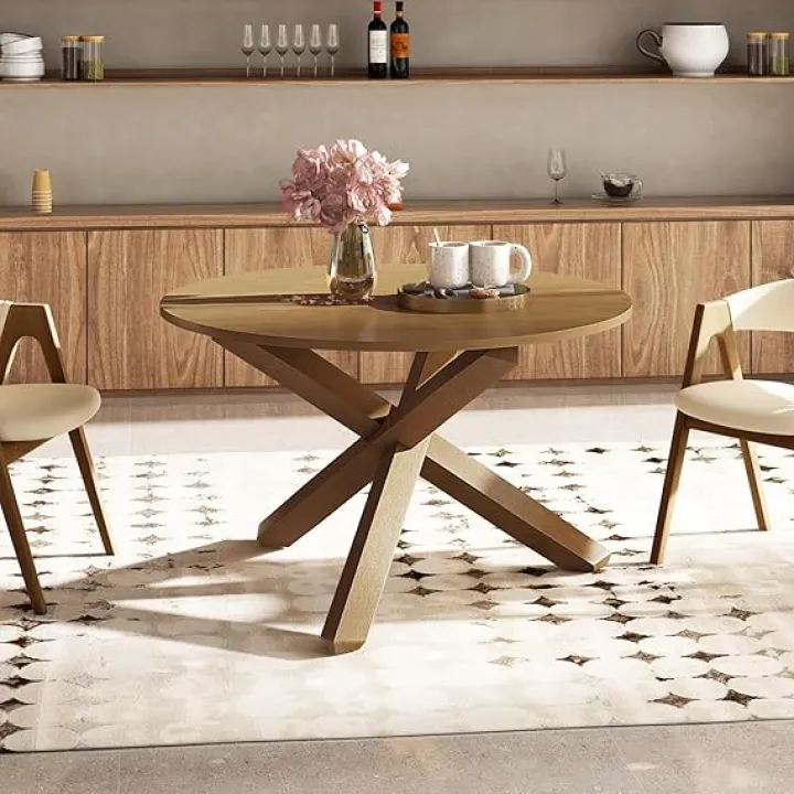 GOFLAME 47" Round Dining Table for 4-6 People, Mid Century Modern Kitchen Table with Solid Acacia Wood Legs, Large Wooden Dinner Table for Kitchen, Dining Room, Restaurant, Natural