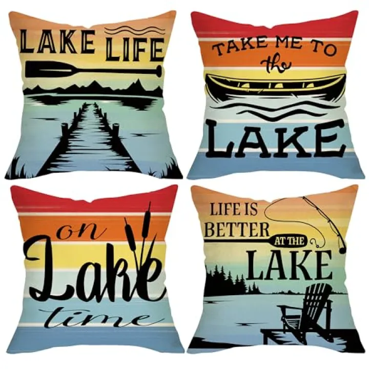Fjfz Lake Life Boat Paddle Decorative Throw Pillow Covers 16x16 Set of 4, on Lake Time Lakehouse Rainbow Stripes Porch Outdoor Home Decor, Fishing Rod Chair Spring Summer Farmhouse Couch Cushion Case