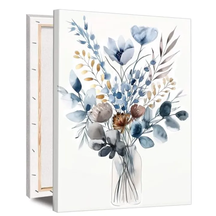 ALMLZL Framed Blue Flowers Canvas Wall Art Minimalistic Bouquet Watercolor Artwork Glass Vase with Farmhouse Green Plants for Living Room Bedroom Home Office Decoration Ready to Hang 12x16 Inch