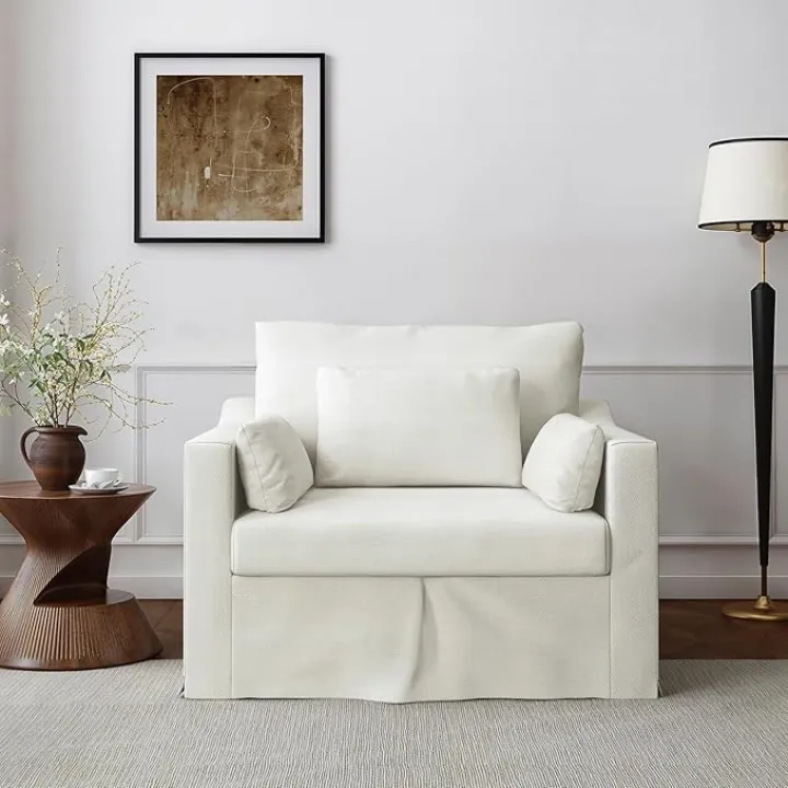 Oversized Accent Chair, 42" Wide Slipcovered Sofa Chair with 3 Throw Pillows, Deep Seat Armchair w/Pocket Springs Cushion, Slope Arms, Modern Single Couch for Living Room, Apartment, White