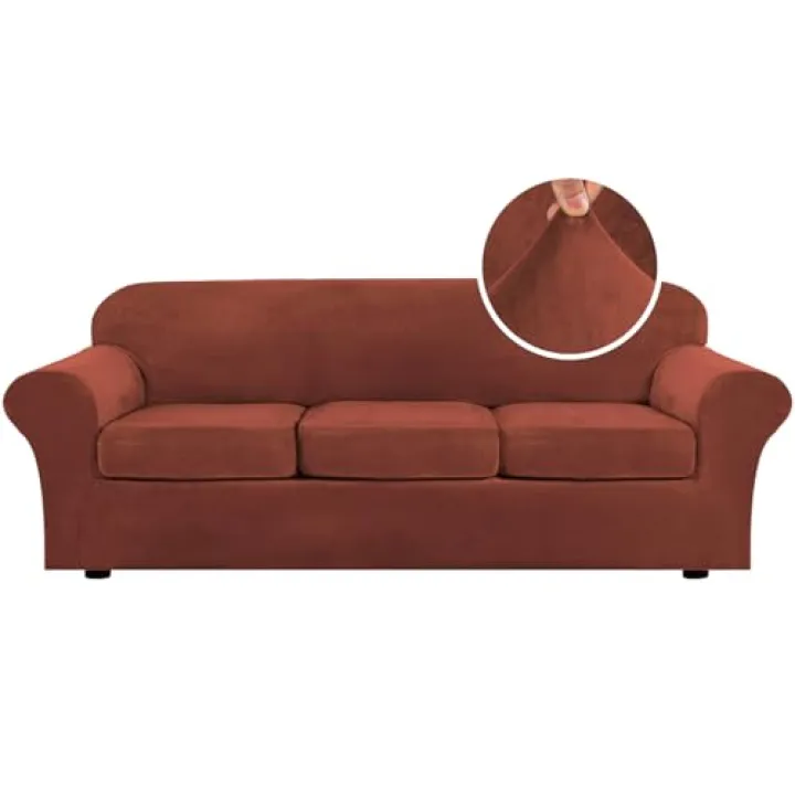 H.VERSAILTEX Modern Velvet Plush 4 Piece High Stretch Sofa Slipcover Cover Furniture Protector Form Fit Luxury Thick Velvet Extra Large Sofa Cover for 3 Cushion Couch (XL Sofa, Rust)