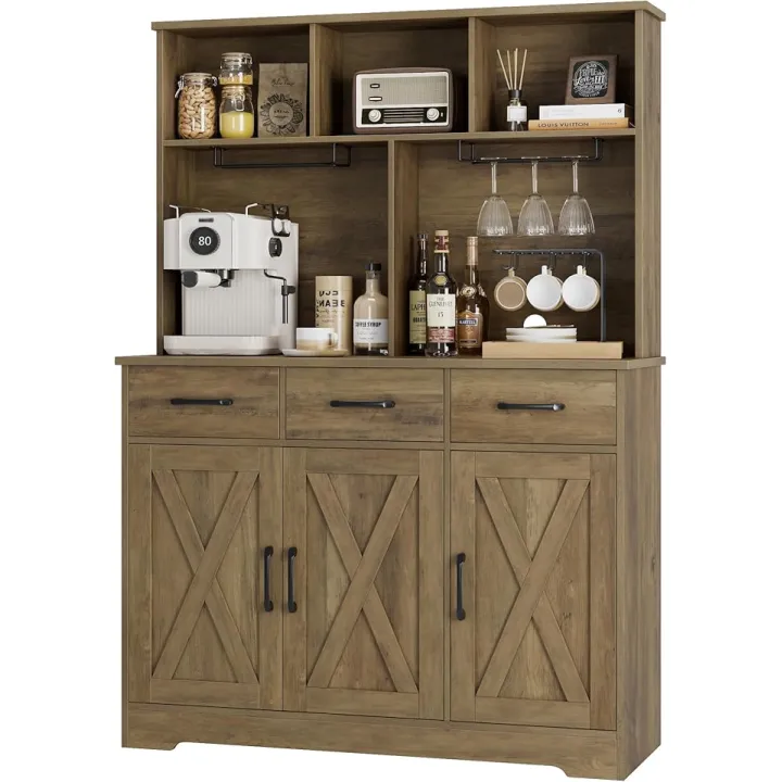 HOSTACK Buffet Cabinet with Hutch, Modern Farmhouse Kitchen Buffet Sideboard Storage Cabinet with 3 Drawers, Barn Door Coffee Bar Station for Dining Room, Living Room, Rustic Brown