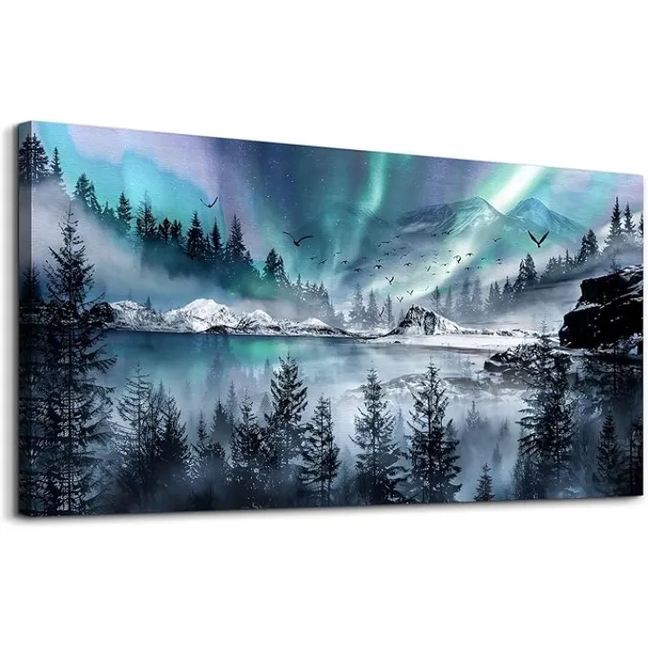 hyidecorart Large Wall Decorations For Office Canvas Wall Art For Living Room Stretched And Framed Canvas Prints Paintings Blue Aurora Scenery Wall Pictures Artwork Ready To Hang Hotel Mural 48x24