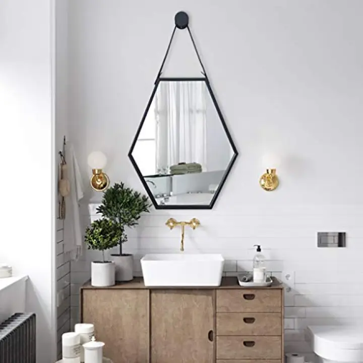 Nordic Wrought Iron Bathroom Mirror Makeup Wall-Mounted Hexagonal Black Home Bedroom anity Shaing Bedroom Decoratie hangi (Black 40 * 60CM) (Black 40 * 60CM)