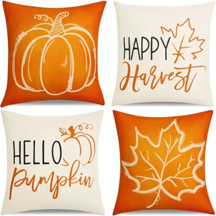 Fall Decor-Throw Pillow Covers 18x18 in Set of 4,Pumpkin Linen Pillow Case for Thanksgiving Couch Autumn Holiday Home Outdoor Burnt Orange White Decorations