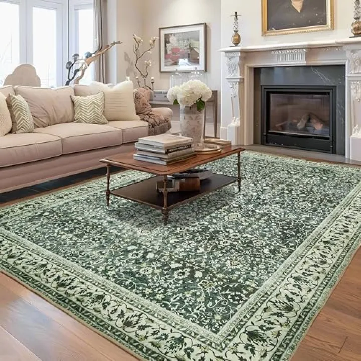 Andency Washable Living Room Area Rug 8x10, Dark Green Vintage Boho Rug for Bedroom, Distressed Home Decor Non Slip Carpet, Stain Resistant Bedroom Mat Office Rug for Dining Room