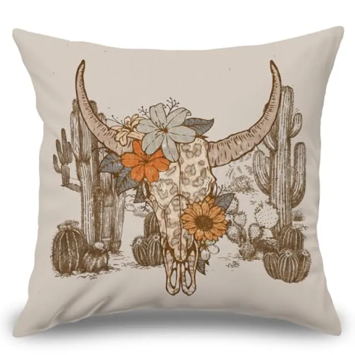 Poecinvi Western Cow Skull Pillow Covers 18x18, Bull Skull Pillow Cover, Desert Cactus Pillow Case, Vintage Western Decor, Desert Cowgirl Room Decor, Cowgirl Gifts for Women.