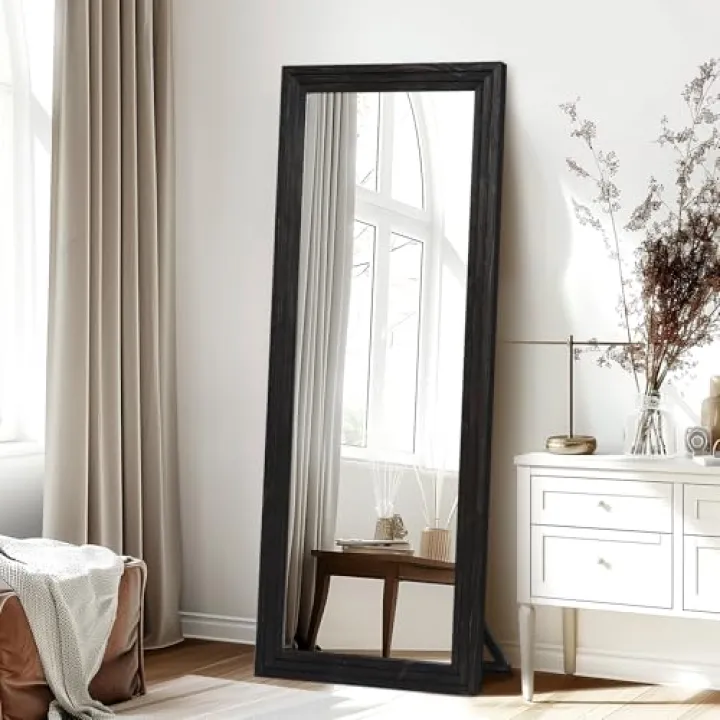 YLYHSST 65"x22" Full Length Mirror Solid Wood Frame Floor Mirror with Stand for Living Room, Bedroom Hanging Standing or Leaning, Black
