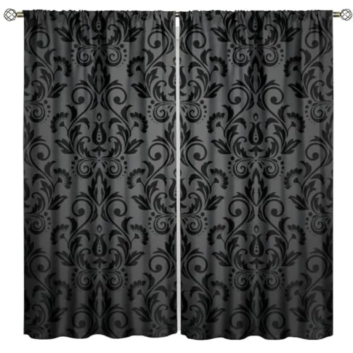 GoDazzling Black Damask Floral Blackout Window Curtains, Vintage Abstract Flower Pattern Printed Window Drapes, for Kitchen Living Room Bedroom 21(W)*45(L) 2 Panels