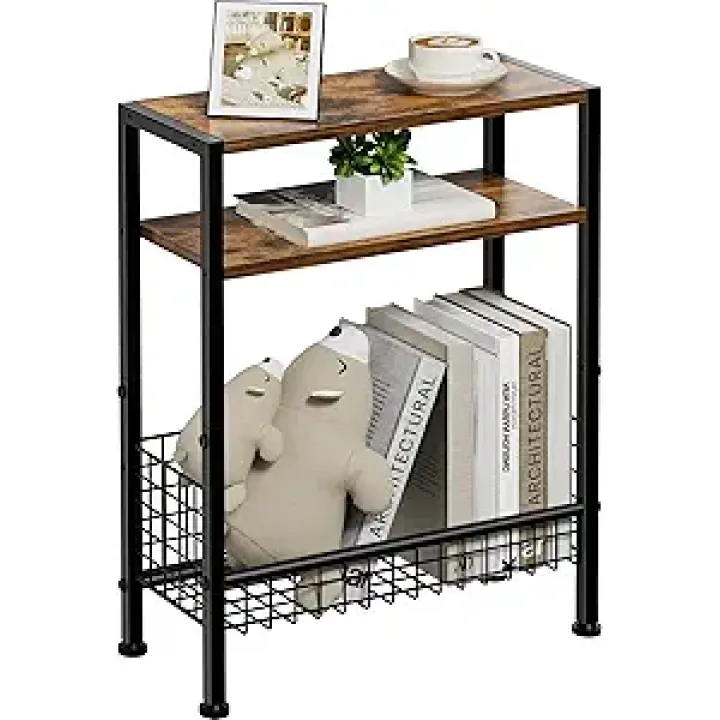 Narrow Side Table with Storage Basket, 3-Tier Slim End Table for Small Space, Small Bedside Table with Magazine Rack, Skinny Nightstand in Living Room, Bedroom, Study, Kitchen, Balcony (Rustic Brown)