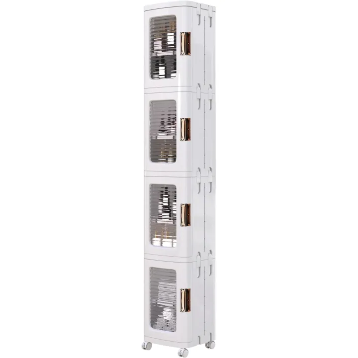 VECELO 4-Tier Plastic Tall Narrow Storage Cabinet with Movable Wheels, Adjustable Shelves, Magnetic Doors, Slim Bathroom Organizers and Storage for Small Space, Bathroom, Kitchen, Laundry, White