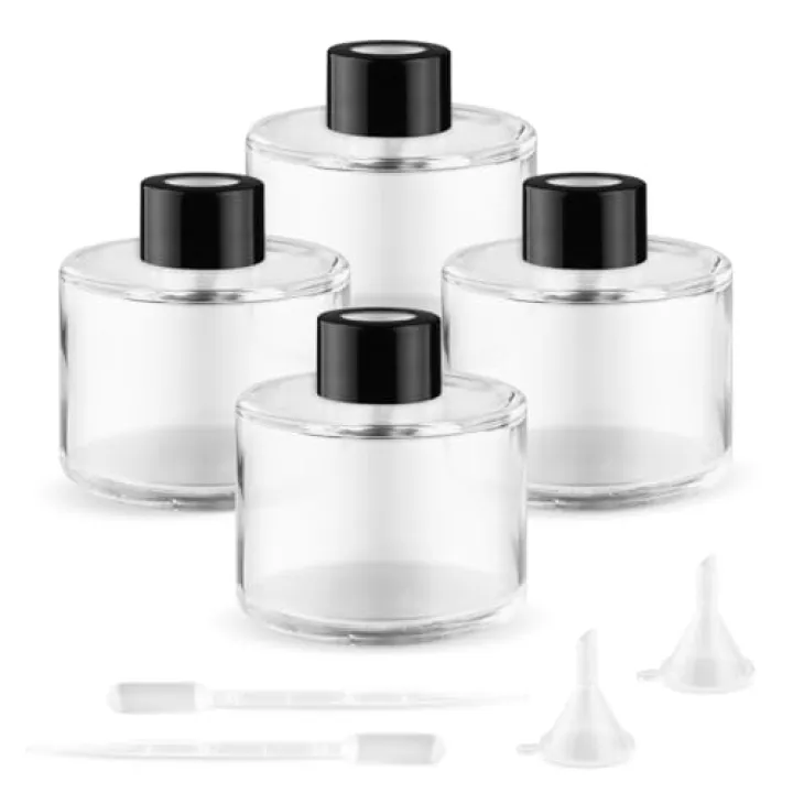 BOSMIOW 4Pcs 100ml Empty Reed Diffuser Bottles with Black Caps,Clear Round Glass Aromatherapy Bottles,Refillable Aromatic Diffusion Accessories for Perfume,Essential Oil,2 Pipettes,2 Funnels