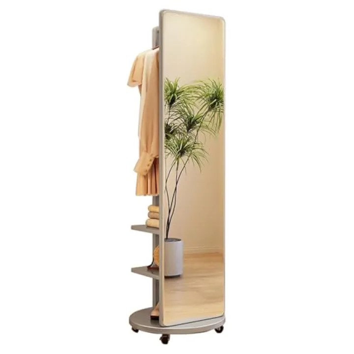 Generic Full Length Mirror with Rolling Wheels, 360° Swivel Floor Mirror Freestanding, Floor Standing Mirror with Coat Rack, Full Body Mirror for Bedroom,Living Room Cloakroom (Grey)