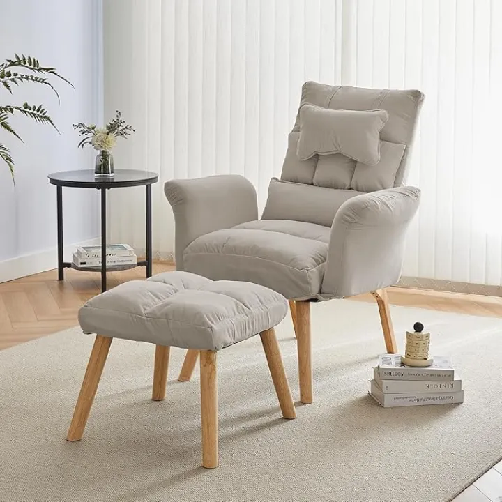 TUKAILAi Lazy Chair with Ottoman, Modern Linen Fabric Accent Chair with Footstool, Leisure Sofa Armchair with 5 Angles Adjustable Backrest, Comfy Lounge Chair for Bedroom Living Room (Cream)