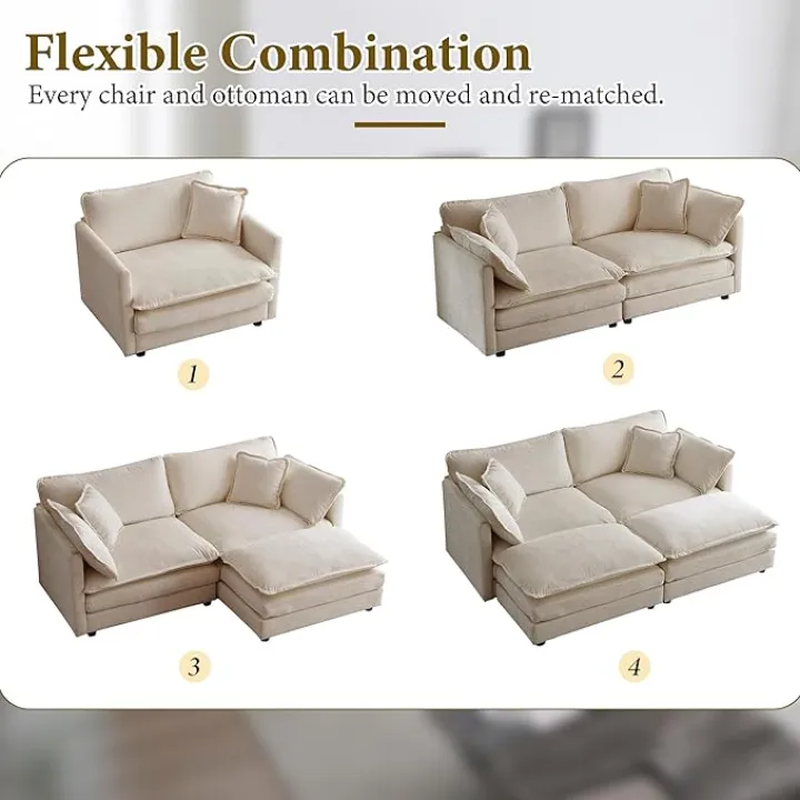76.7" Deep Seat Sectional Cloud Sofa with 2 Ottomans & Soft Pillows, Loveseat Modular Couch for Living Room, Apartment, Small Space, Light Camel Chenille