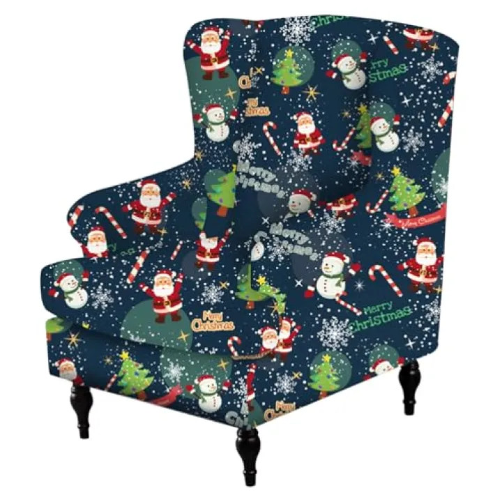 KDAMGOQE Christmas Chair Covers Stretch Removable Soft Christmas Seat Covers with Elastic Bottom Wingback Chair Covers Cute Printing Armchair Slipcovers Wingback Chair Covers