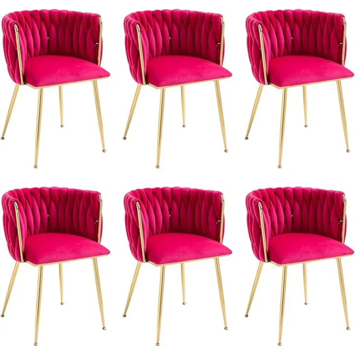 Velvet Dining Chairs Set of 6, Modern Upholstered Dining Chairs with Gold Metal Legs for Dining Room, Vanity, Kitchen, Living Room(Rose Red)
