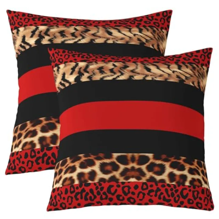 Feelyou Leopard Square Cushion Covers Set of 2 Boys Girls 18 x 18-Inch Fur Print Red Black Reversible Throw Pillow Covers for Kids Safari Pillow Covers Home Decor Animal Room Decor